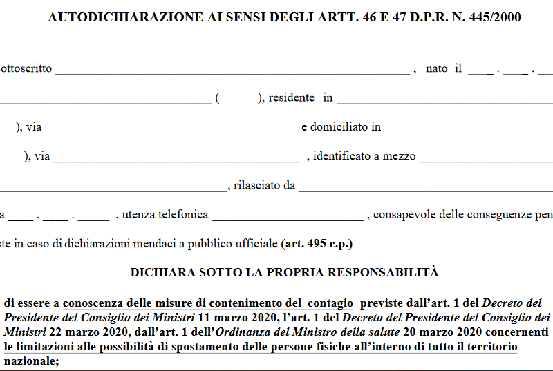 Modulo Autocertificazione – Campania