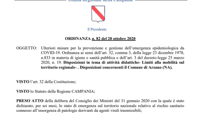 Campania – Ordinanza  regionale n.83 del 22 ottobre 2020 : Coprifuoco dalle 23.00 alle 5.00